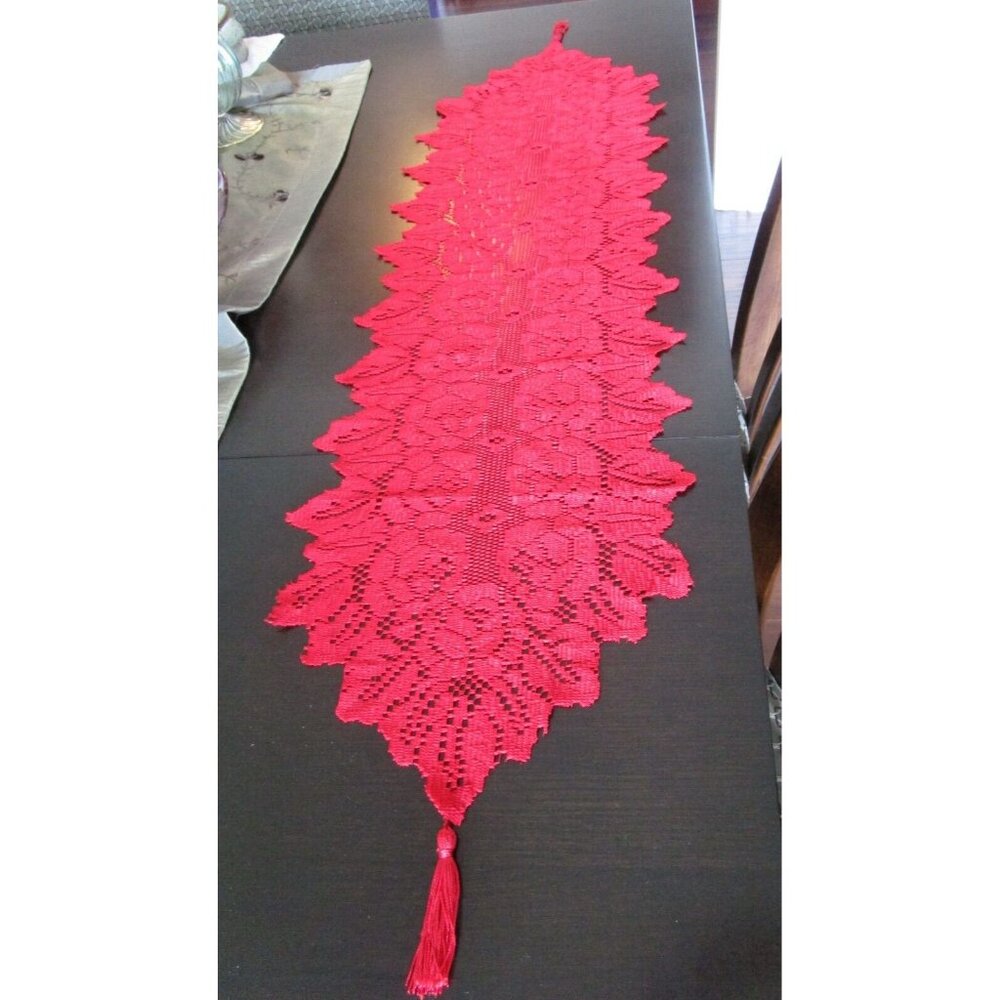 Vintage Red Doily Style Table Runner with Tassels - Table Linen Home Décor